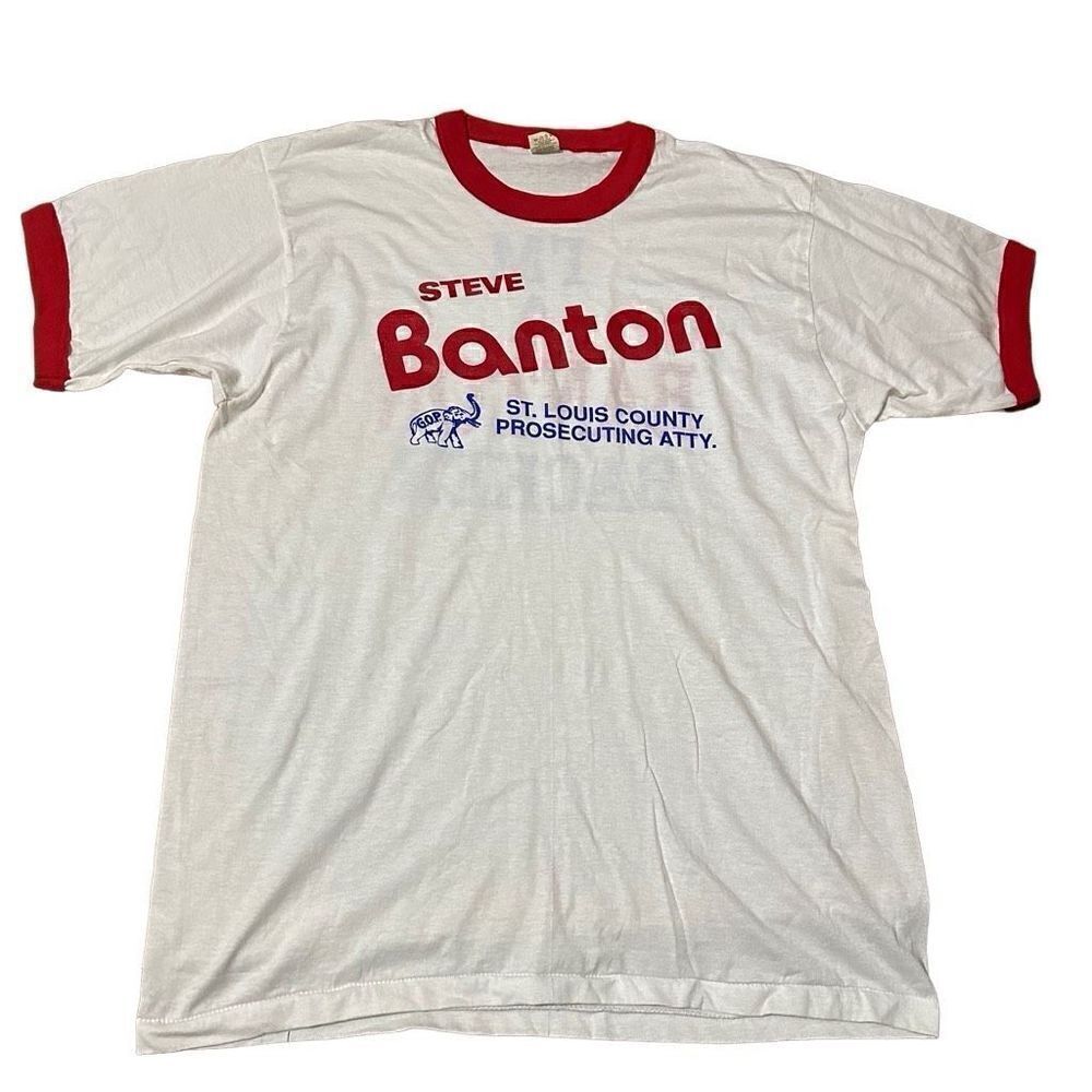 Vtg Screen Starts 80s Mens Ringer Shirt Single Stitch USA GOP politics Banton XL